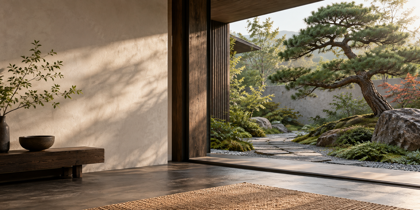 Ruhiger japanischer Garten mit Kiefer und Steinweg